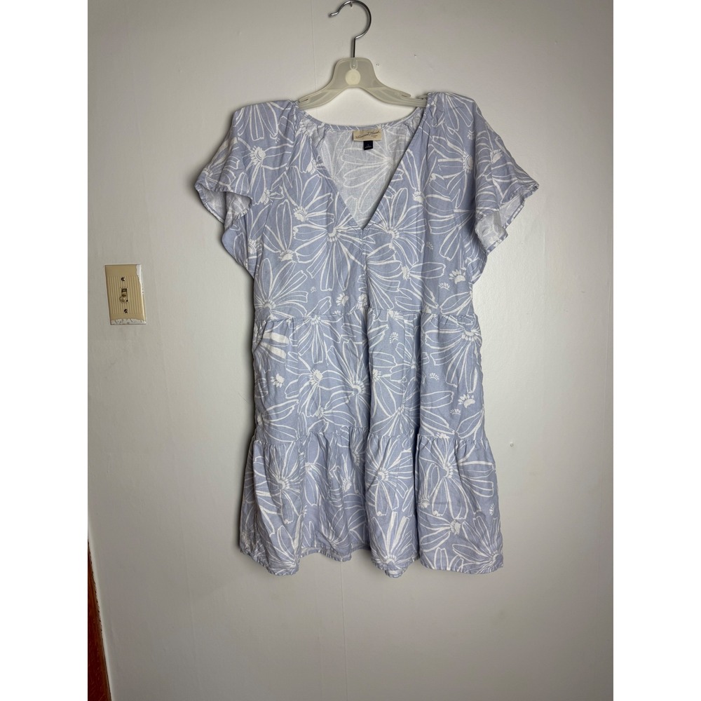 Floral Linen Blend Tiered boxy Mini Dress euro summer Lagenlook Beachy coastal L